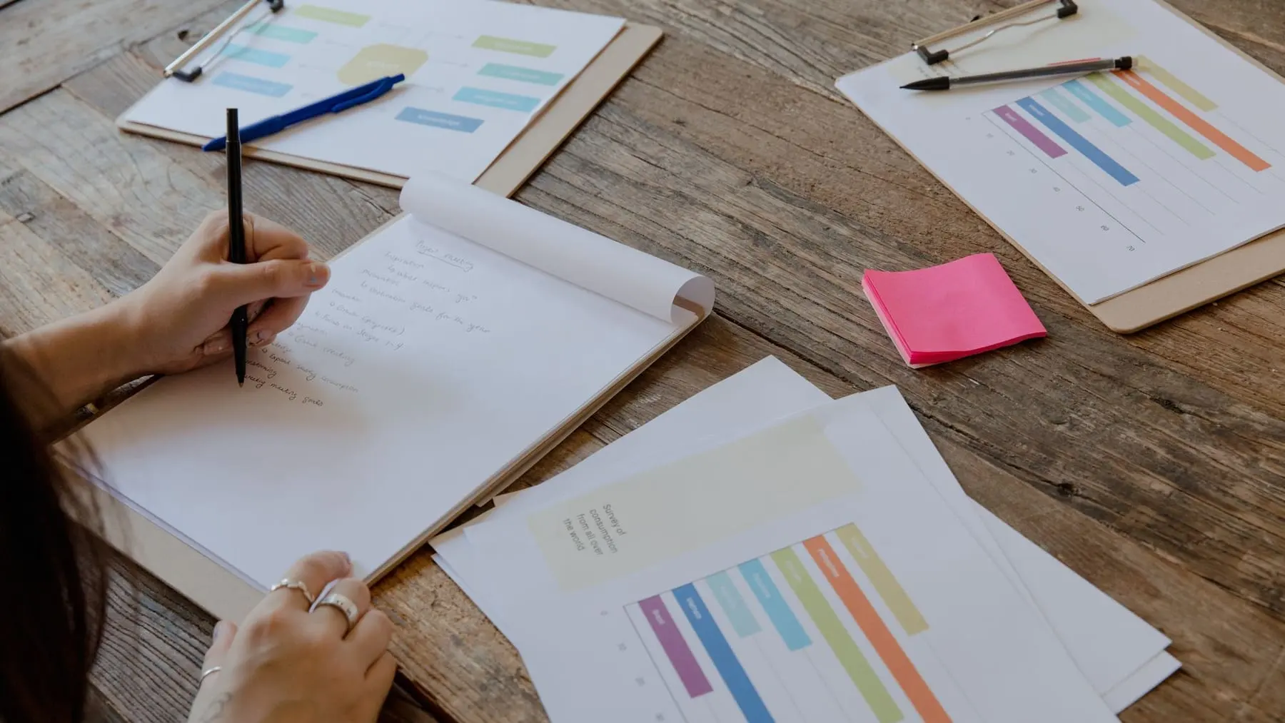 Documents, colorful charts and a notebook spread across a wooden desk